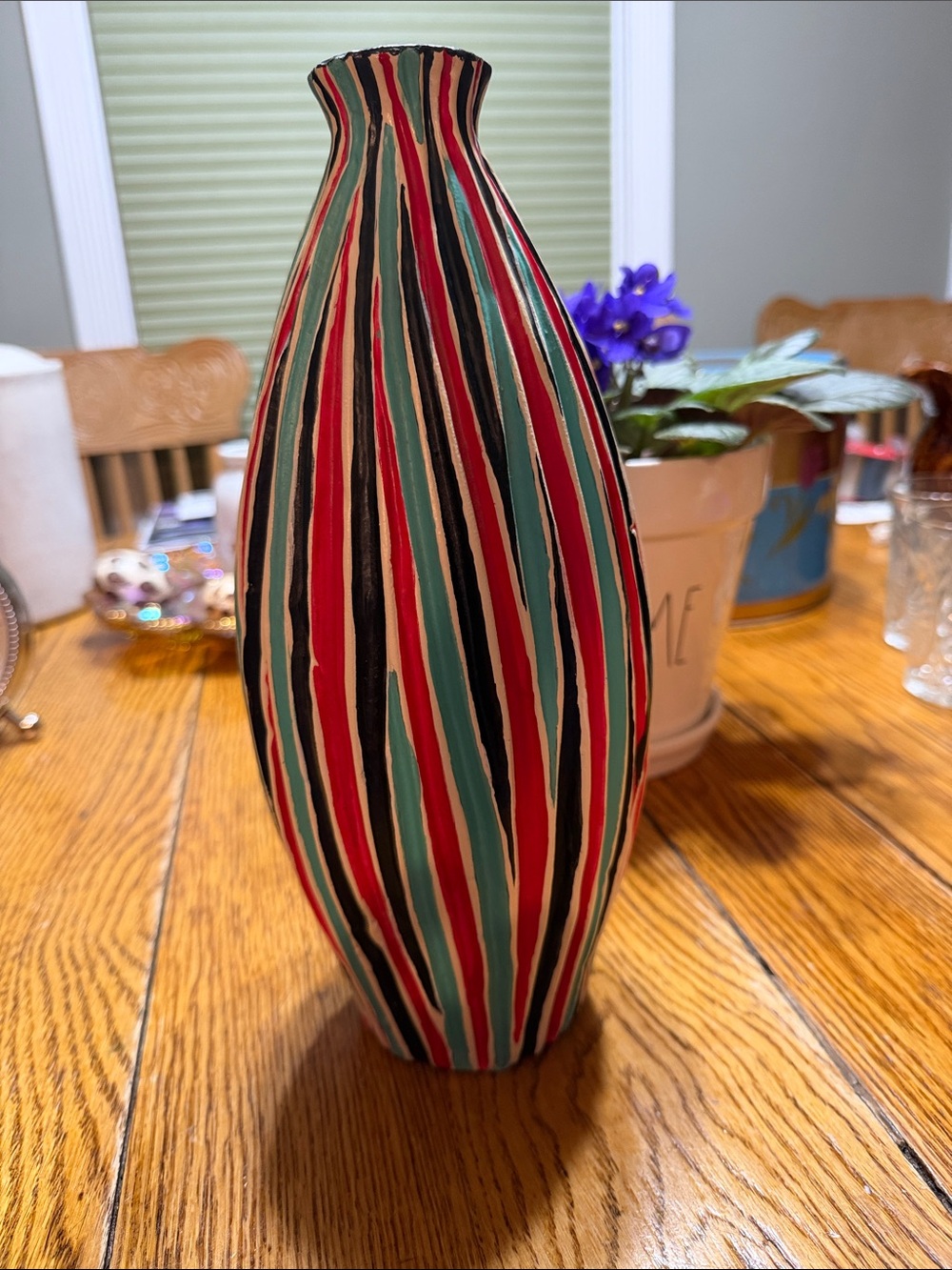 Vintage tall stripe textured vase. Mint, red, cream and black stripes.